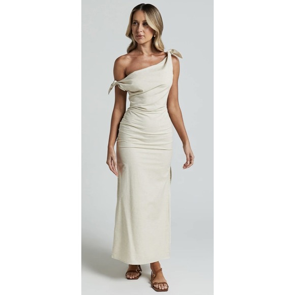 Showpo Cincinnati Midi Dress Size 8 US Beige Linen Blend Off Shoulder NWT - mordernwear.com Showpo Cincinnati Midi Dress Size 8 US Beige Linen Blend Off Shoulder NWT - mordernwear.com